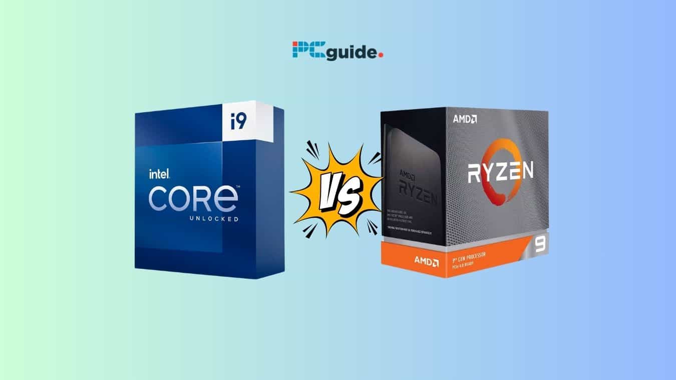 Intel Core i9 14900KS and AMD Ryzen 9 5900X processors presented side by side in a versus comparison.