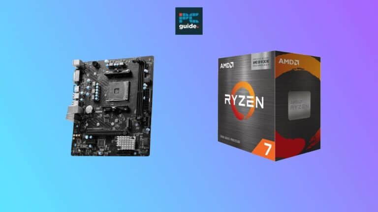 Motherboard bundle on the left and Ryzen 7 5800X3D processor box on the right against a blue to purple gradient background.