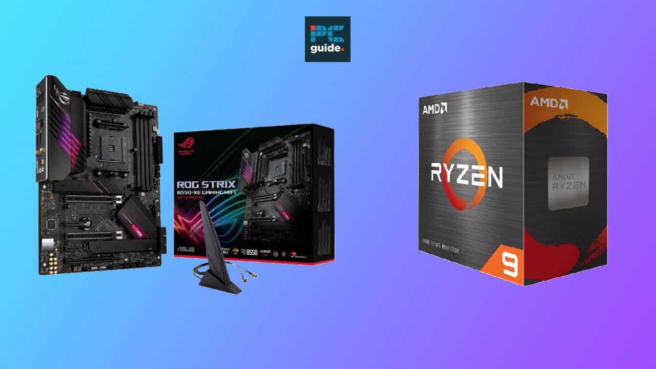 Asus rog strix motherboard and Ryzen 9 5900X CPU combo packaging on a blue background.