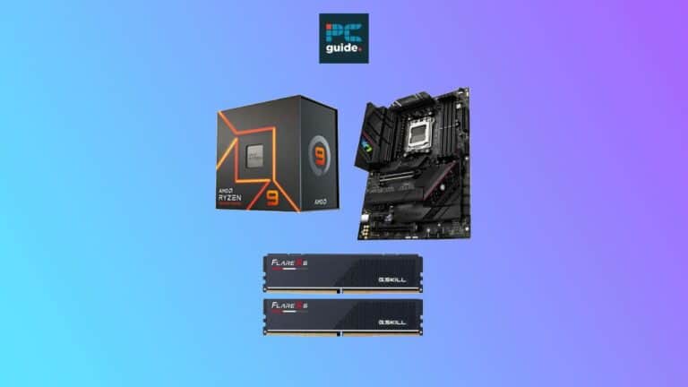 Components for pc assembly: amd ryzen processor, motherboard, and g.skill ram sticks on a gradient background with an 'Auto Draft' icon.
