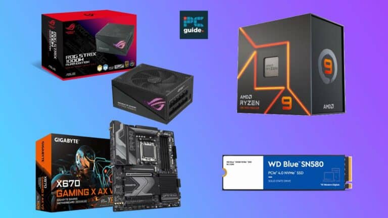 Assorted high-performance computer components and packaging, including a X670 mobo, Ryzen 9 7900X CPU, GPU, and SSD.