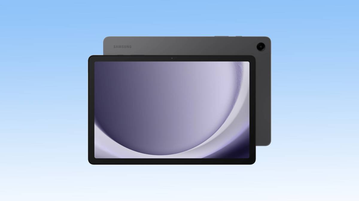 Samsung tablet deal against a blue gradient background.