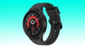 A black Samsung Galaxy Watch5 Pro displaying a fitness tracking interface on a teal background. Save $150.
