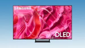 Samsung OLED TV, featuring a vibrant abstract pink and red pattern, now available in our Spring sale bundles with soundbars.