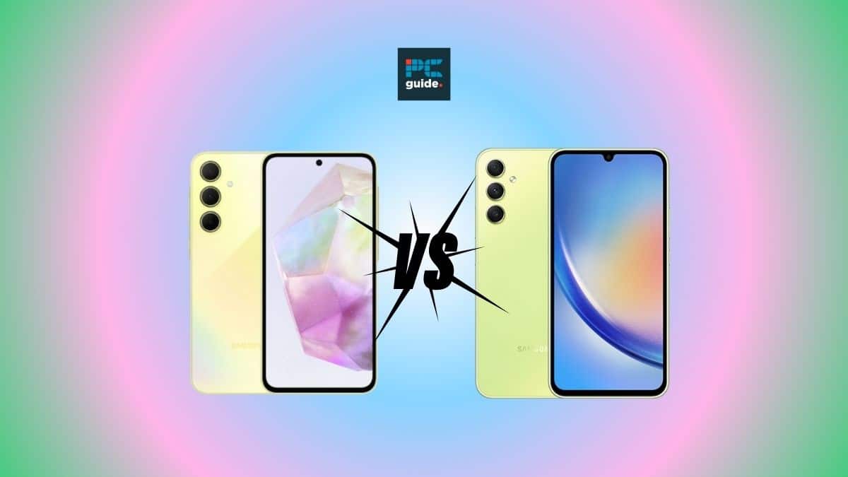 Comparison of the Galaxy A35 vs Galaxy A34 smartphones against a gradient background with a "versus" symbol in the middle.