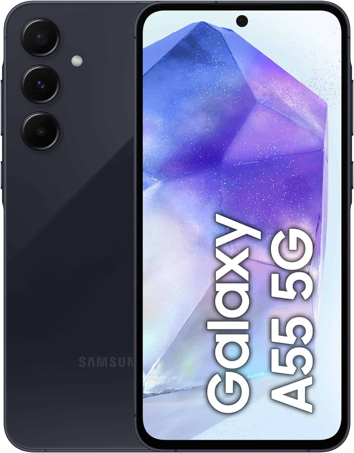 Auto Draft: Front and rear view of a Samsung Galaxy A53 5G smartphone.