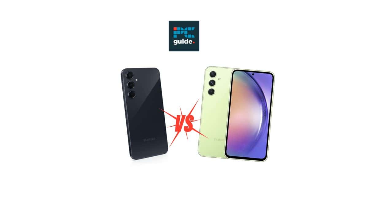 Two smartphones, the Galaxy A55 and the Galaxy A54, are presented side by side against a white background, symbolizing a comparison or competition between them, with a "versus" sign in