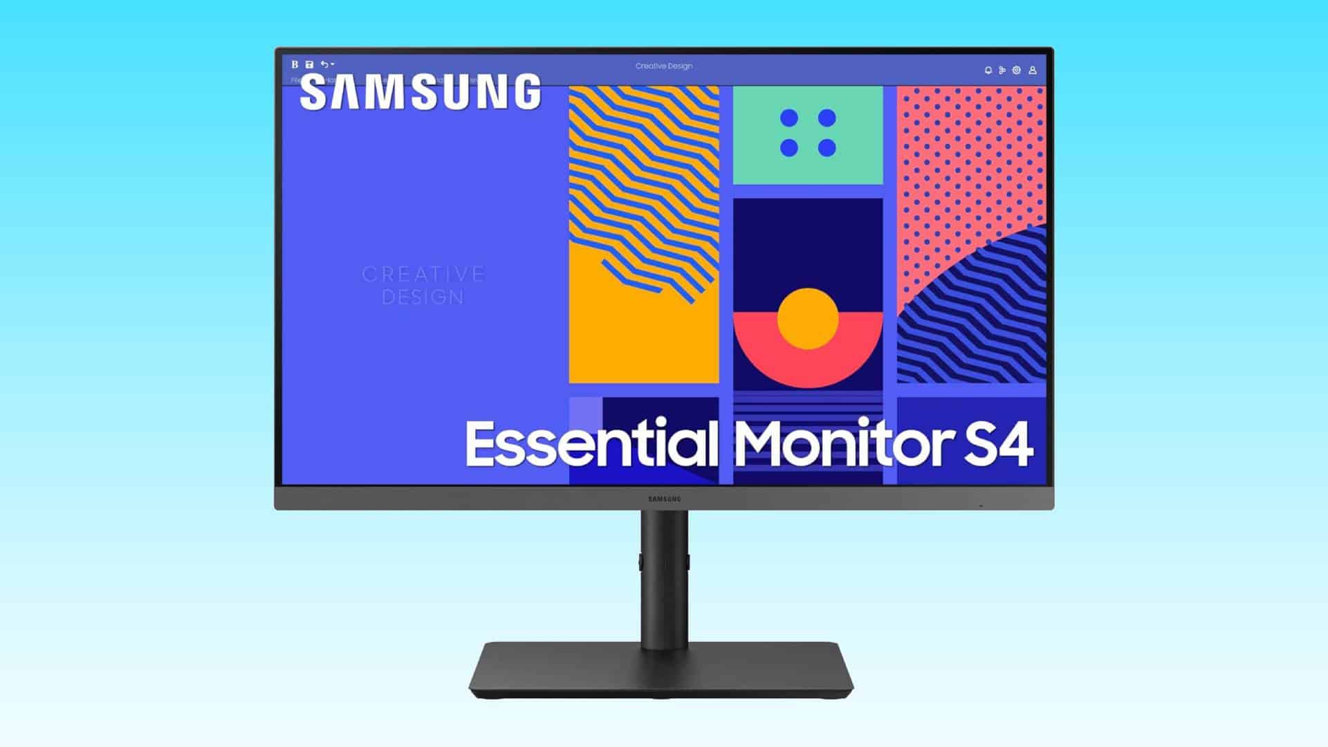 Samsung QLED monitor S43GC displayed on a computer monitor with graphic design-themed wallpaper, available as an Amazon deal.