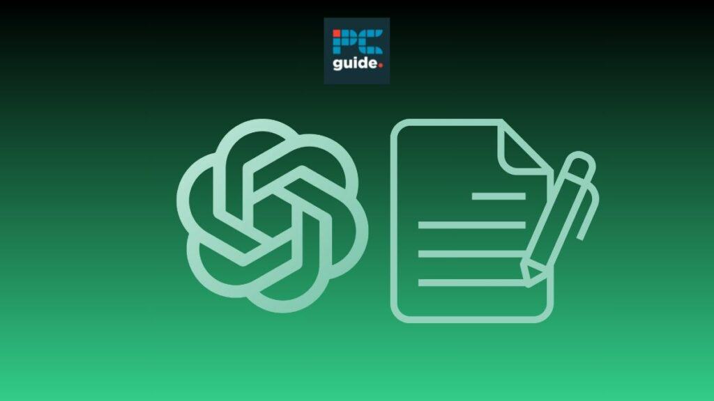 Graphic icon of a celtic knot beside a document with a pen, with a 'guide' label in the upper left corner on a green gradient background. ChatGPT has a word limit.