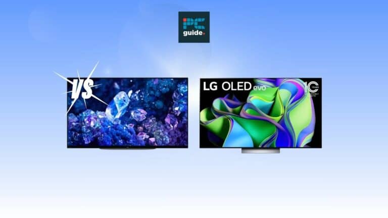 Two LG C4 OLED TVs on a blue background. Image shows two TVs on a blue background below the PC guide logo