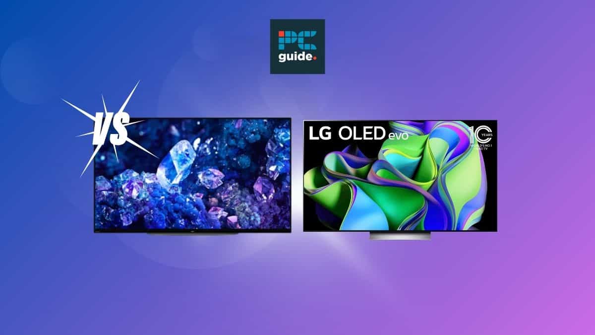 A screenshot of the Sony A90K TV. Image shows two TVs on a purple background with PC guide logo