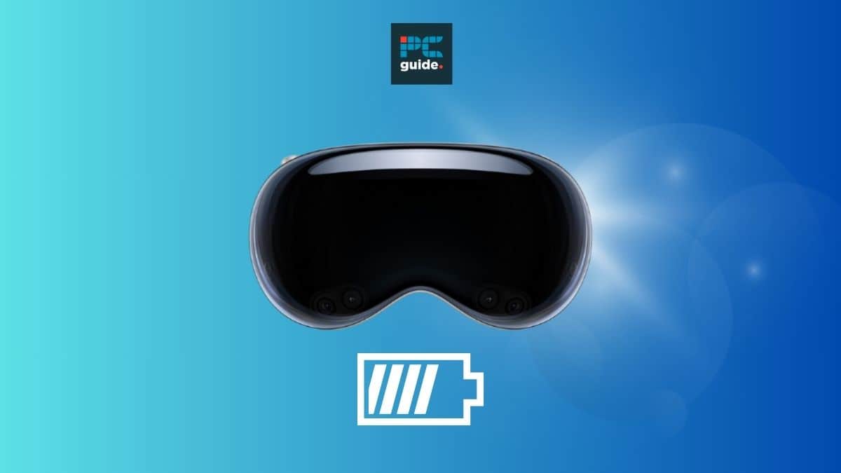 A virtual reality headset, the Apple Vision Pro, is displayed against a blue gradient background with graphical elements and logos. Image shows the Apple Vision Pro on a blue background below the pC guide logo
