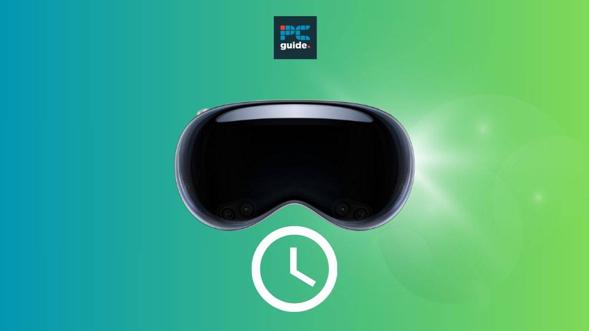 The Apple Vision Pro virtual reality headset displayed with a clock icon and a guide symbol on a green gradient background. Image shows the apple vision pro on a green background below the PC guide logo