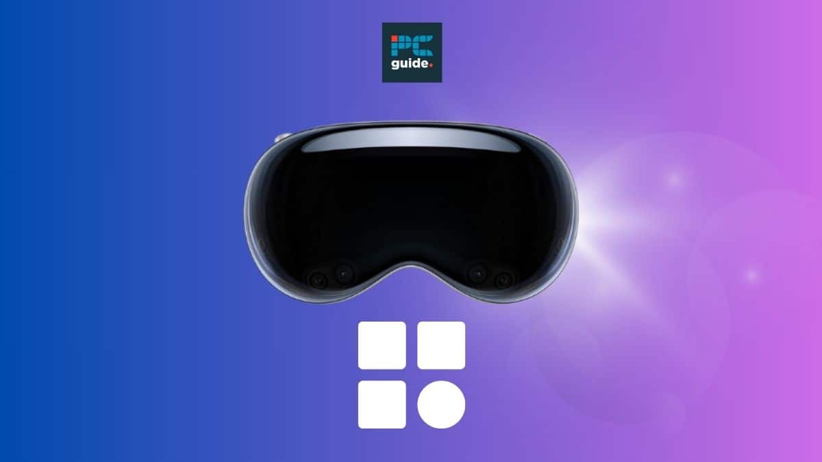 Virtual reality headset floating against a purple gradient background with abstract shapes and icons for a "how to" guide feature. Image shows the Apple Vision Pro on a purple background below the PC guide