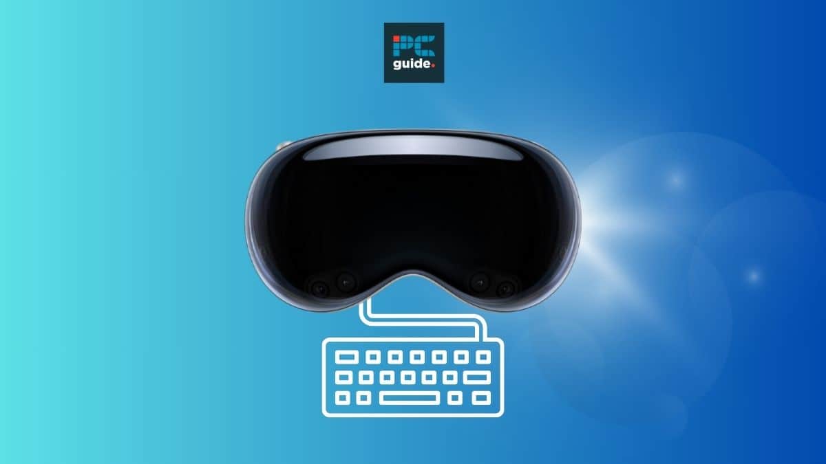 Virtual reality headset with an Apple Vision Pro keyboard on a blue gradient background. Image shows the Vision Pro on a blue background below the PC guide logo