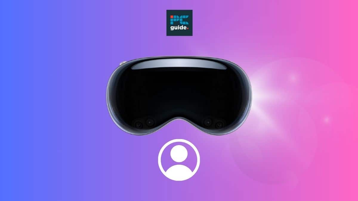 How to create an avatar in the Apple Vision Pro, showcased with a virtual reality headset on a gradient purple and pink background. Image shows the Vision Pro on a pink background below the PC guide logo