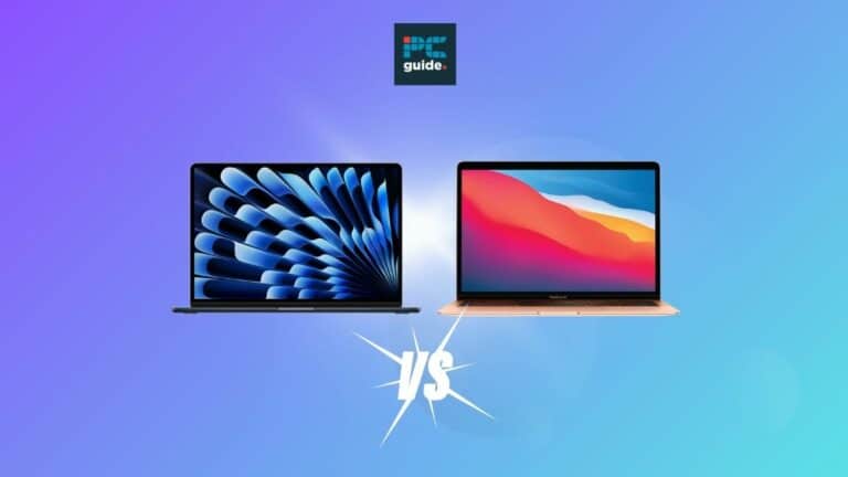 Comparison of two modern laptops highlighting their design differences with a 'MacBook Air M3 vs MacBook Air M1' symbol between them. Image shows the MacBook M1 and M3 on a blue background below the PC guide logo