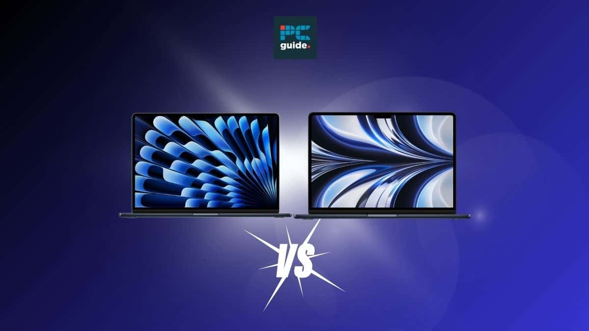 Two Macbook Air M3 laptops displaying vibrant wallpapers compared side by side against a blue background with a "vs" symbol indicating a comparison or face-off with Macbook Pro M2. Image shows the Macbook Air and pro on a Navy background below the PC guide