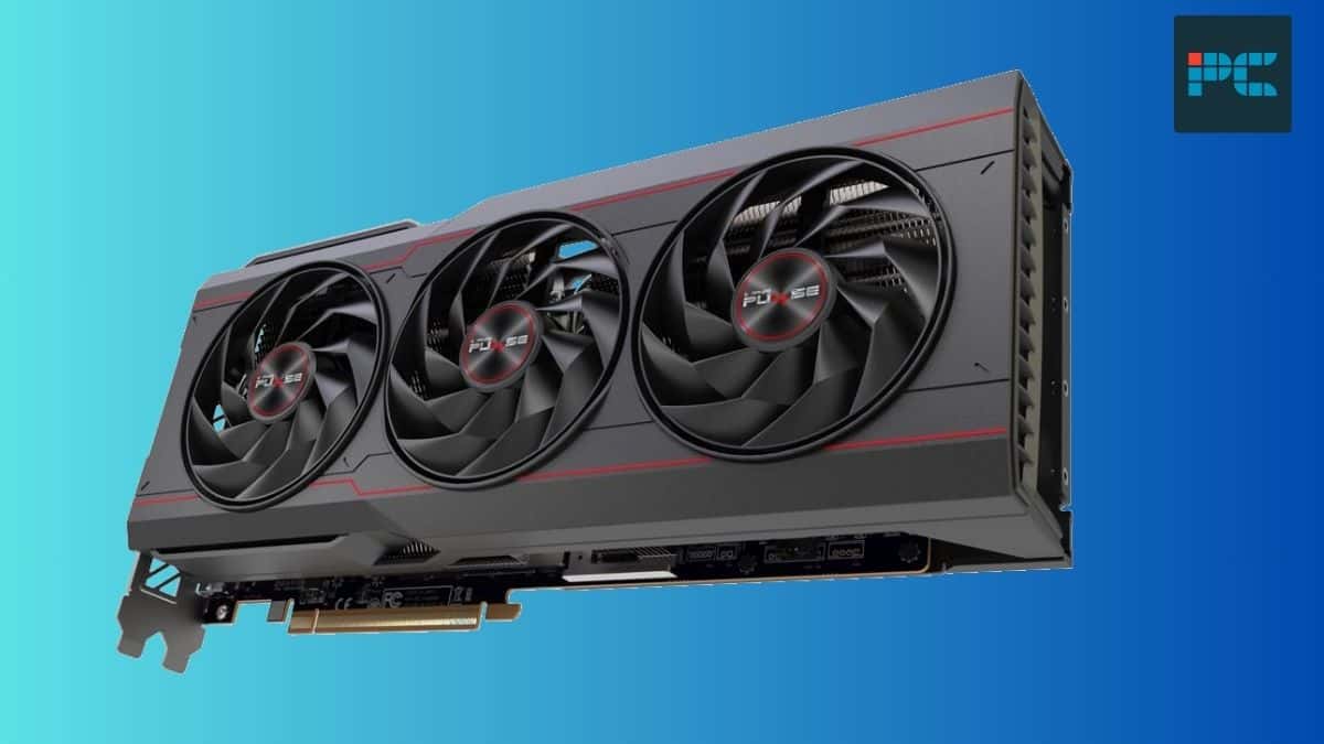 Triple-fan AMD Radeon RX 7900 XT graphics card with red and black design floating against a blue background.