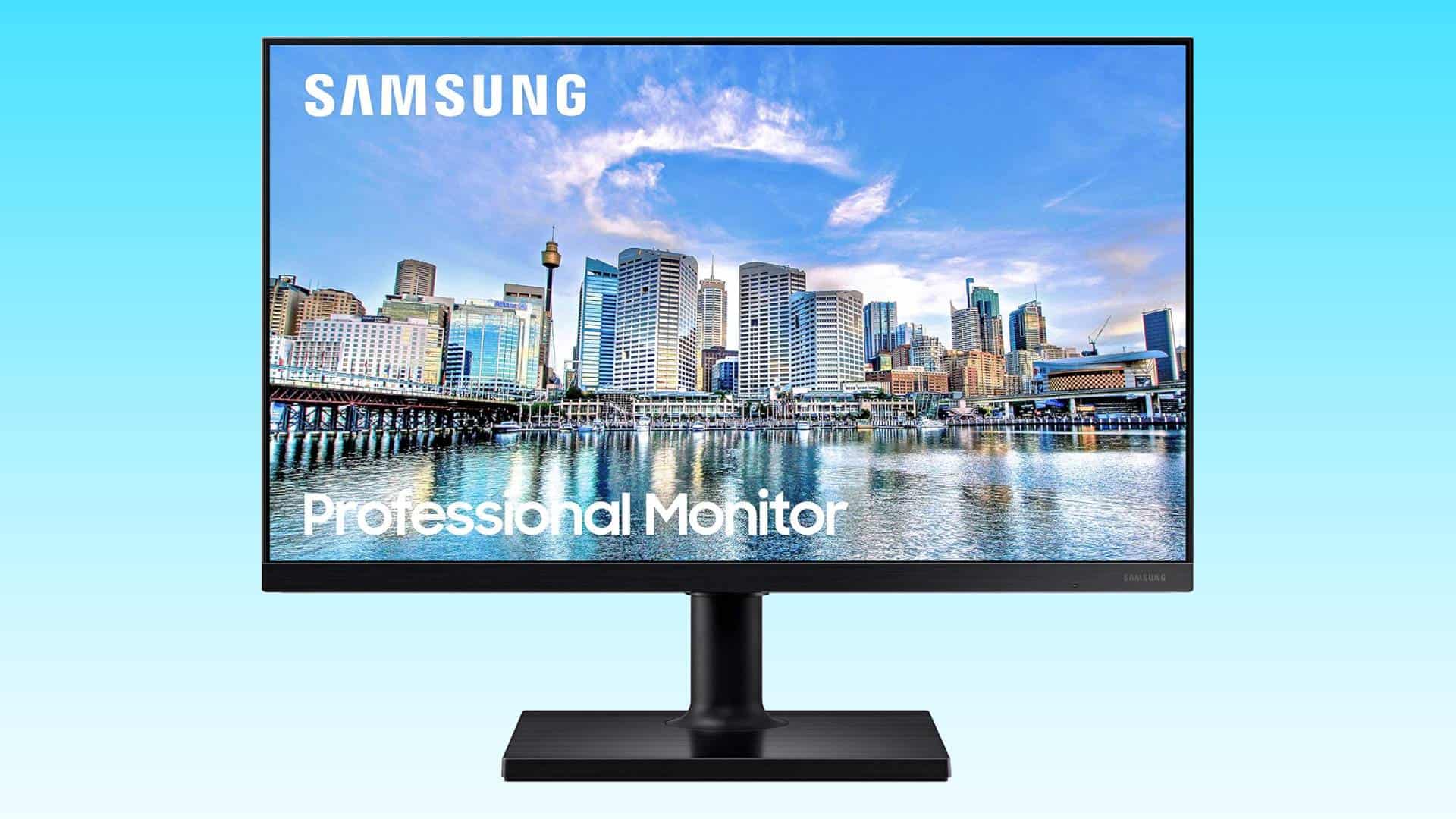 Samsung professional 27 inch monitor displaying a cityscape image.