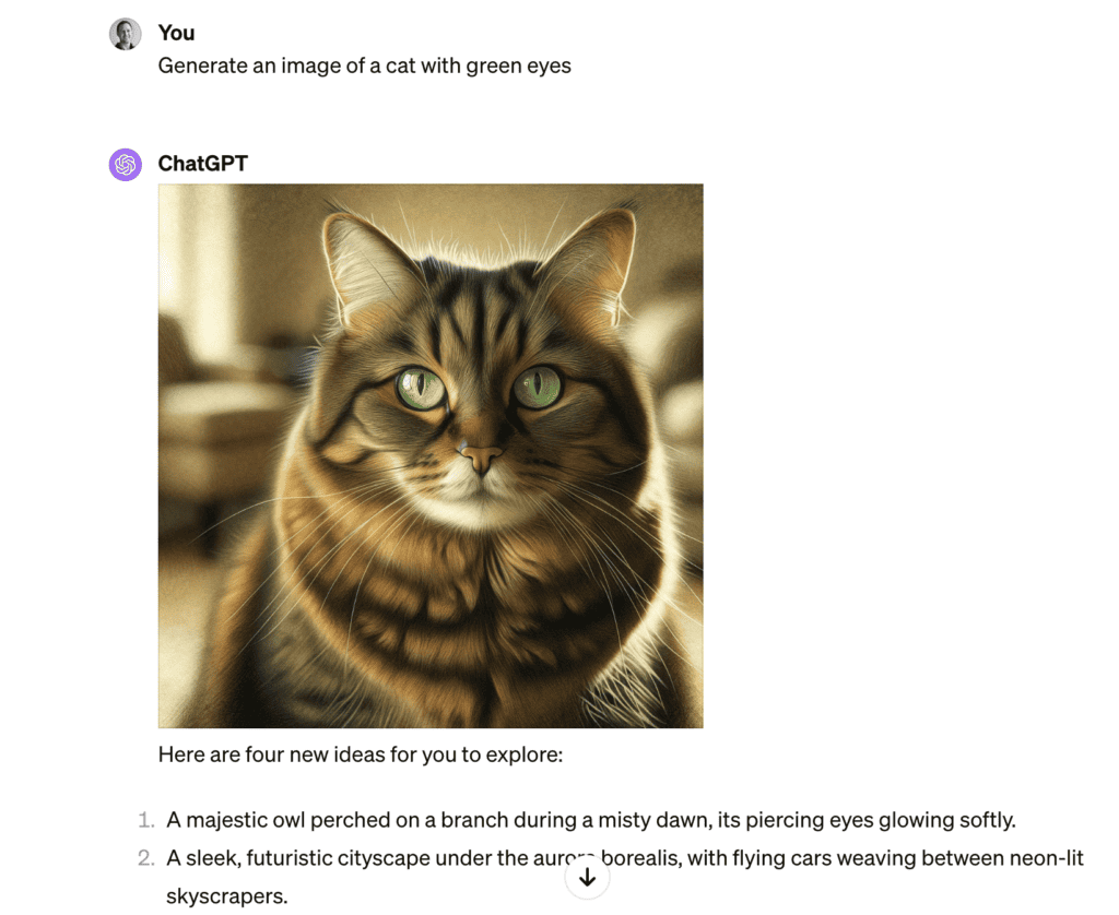 A long-haired cat with striking green eyes sitting indoors, showcasing the kind of scene ChatGPT image generator can depict.
