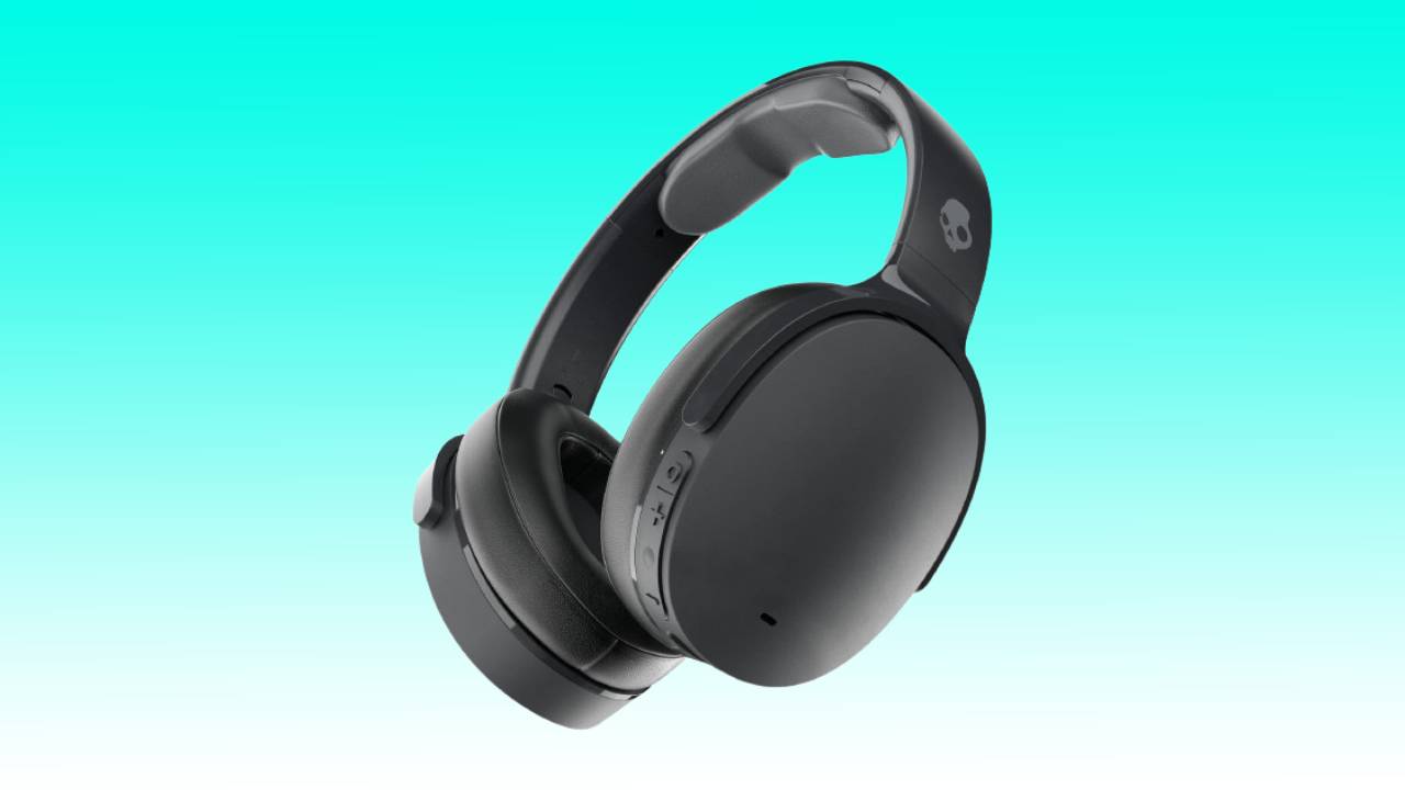 Black over-ear Skullcandy Hesh wireless headphones against a gradient blue background.