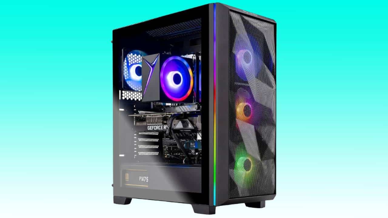 Skytech Chronos Gaming Desktop with rgb lighting inside a transparent case, available on Amazon. Save $100.