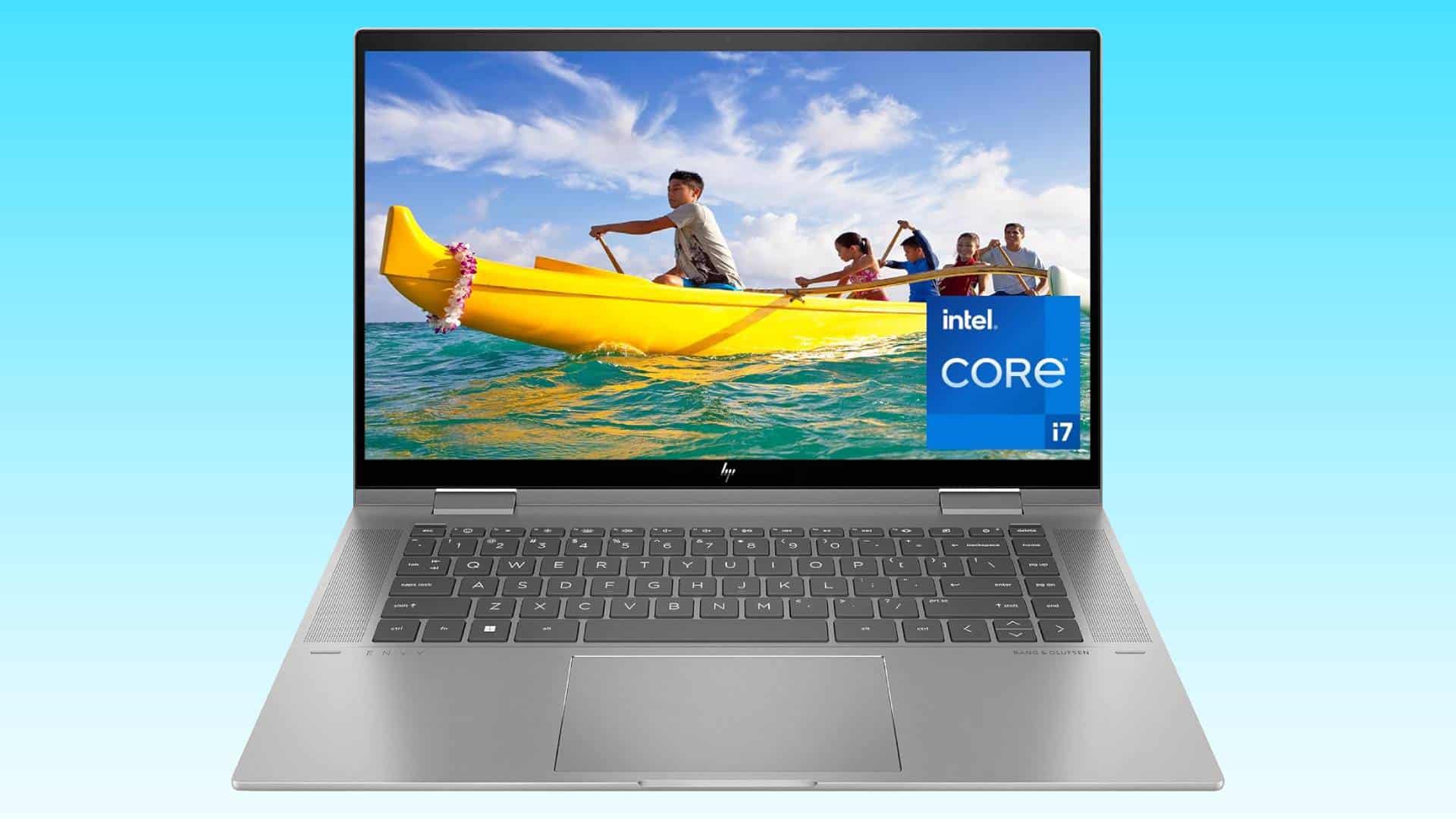 An HP Envy Touchscreen Laptop with an Intel Core i7 sticker on display, showing a wallpaper of people enjoying a boat ride.
