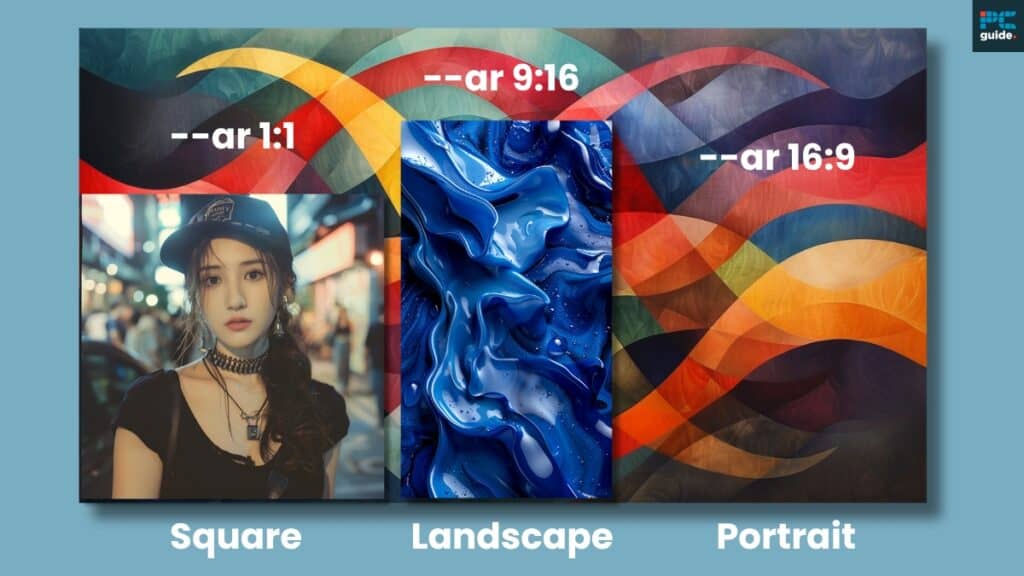 Three images showcasing different aspect ratios from the Complete Guide to Midjourney Aspect Ratios: a square (1:1), landscape (16:9), and portrait (9:16) format,