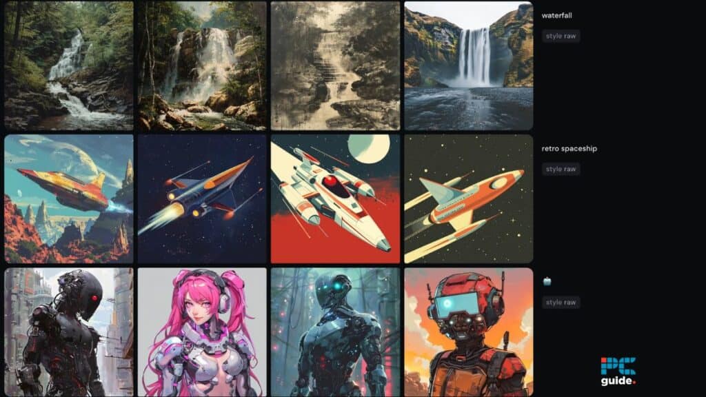 Collage of waterfalls, top retro-style spaceships, and futuristic robotic characters.