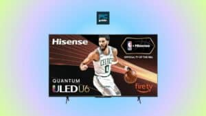 A Hisense 65-Inch U6HF quantum smart TV displaying an advertisement featuring a basketball player with a Fire TV interface during Amazon's Big Spring Sale.