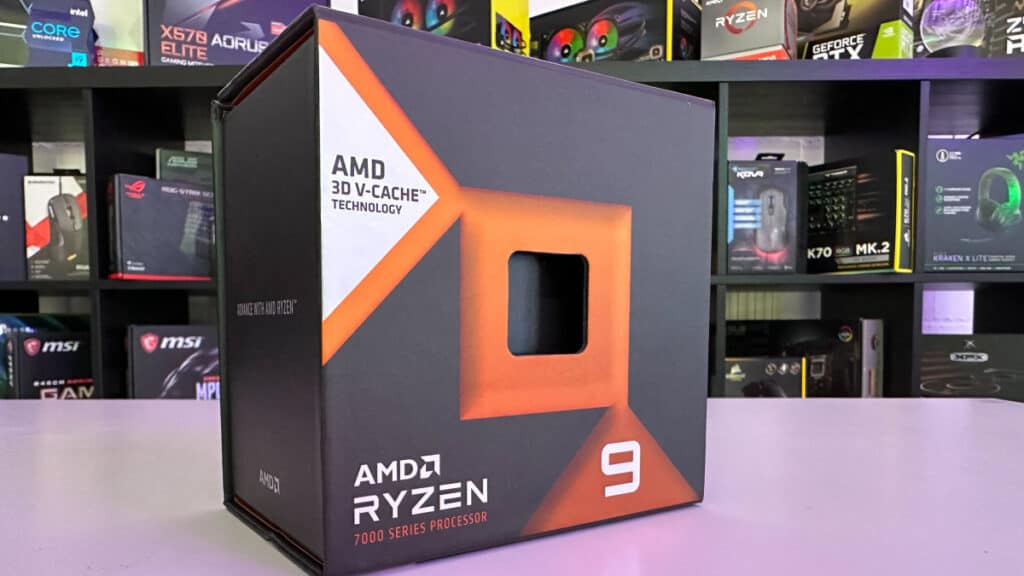 AMD Ryzen 9 7950X series processor box on display at a computer hardware store, sparking discussions on its worthiness in numerous reviews.