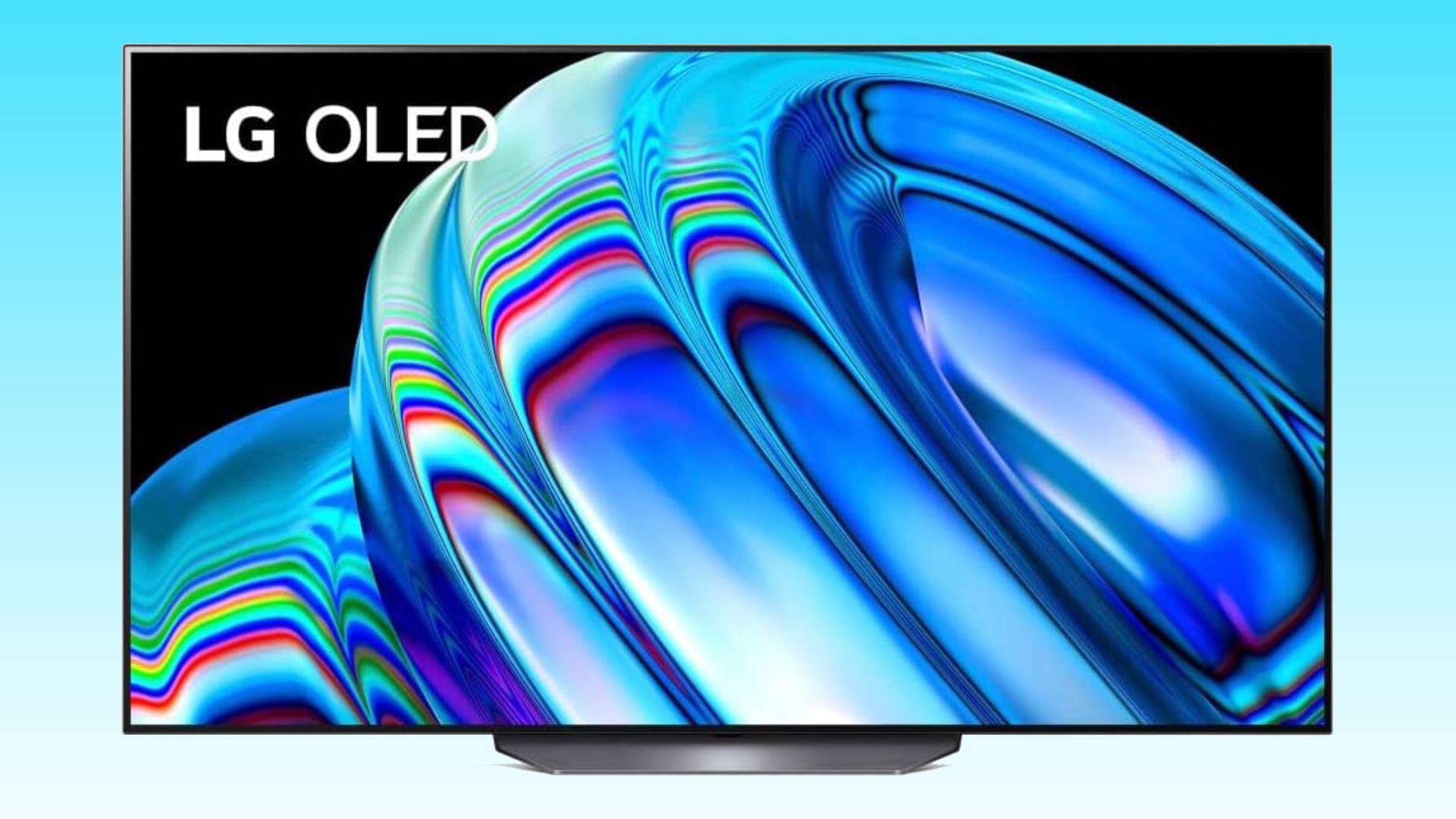 Amazon's 65 inch LG B2 OLED television displaying vibrant abstract colors.