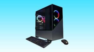 A desktop gaming PC with rgb lighting, accompanied by a keyboard and mouse, against a blue background.