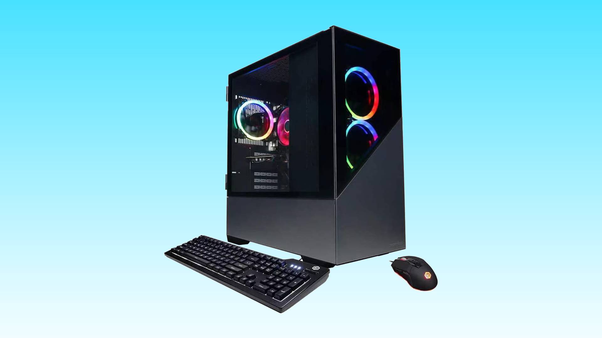 A desktop gaming PC with rgb lighting, accompanied by a keyboard and mouse, against a blue background.