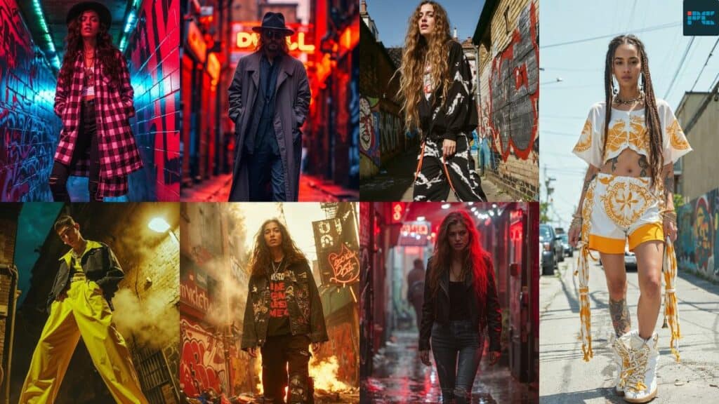 Eight diverse street fashion styles depicted in midjourney urban settings.