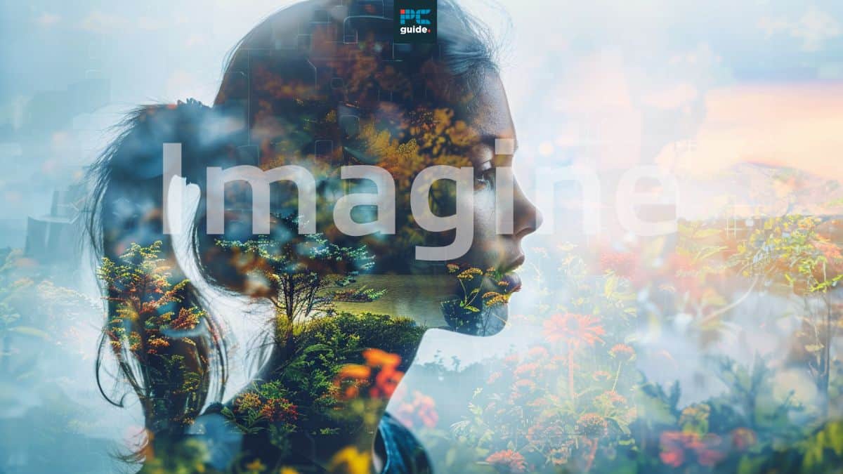 A double exposure portrait blending a woman's silhouette with a vibrant natural landscape, overlaid with the word "imagine," crafted through Instant AI magic.