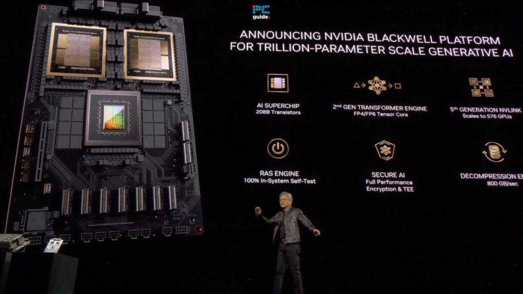 Presenter announcing the NVIDIA Blackwell AI platform for supercomputing with large-scale chips displayed on screen.