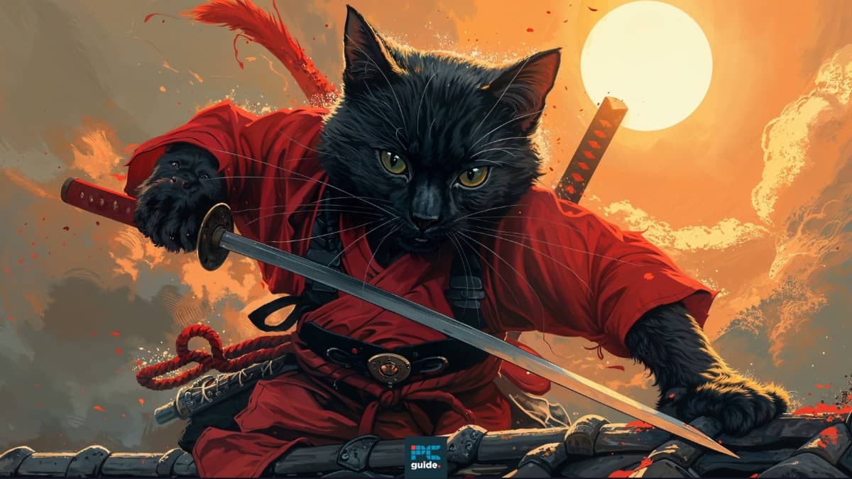 A stylized illustration of a cat dressed as a samurai warrior holding a sword, set against a dramatic, red-toned backdrop in the midjourney.