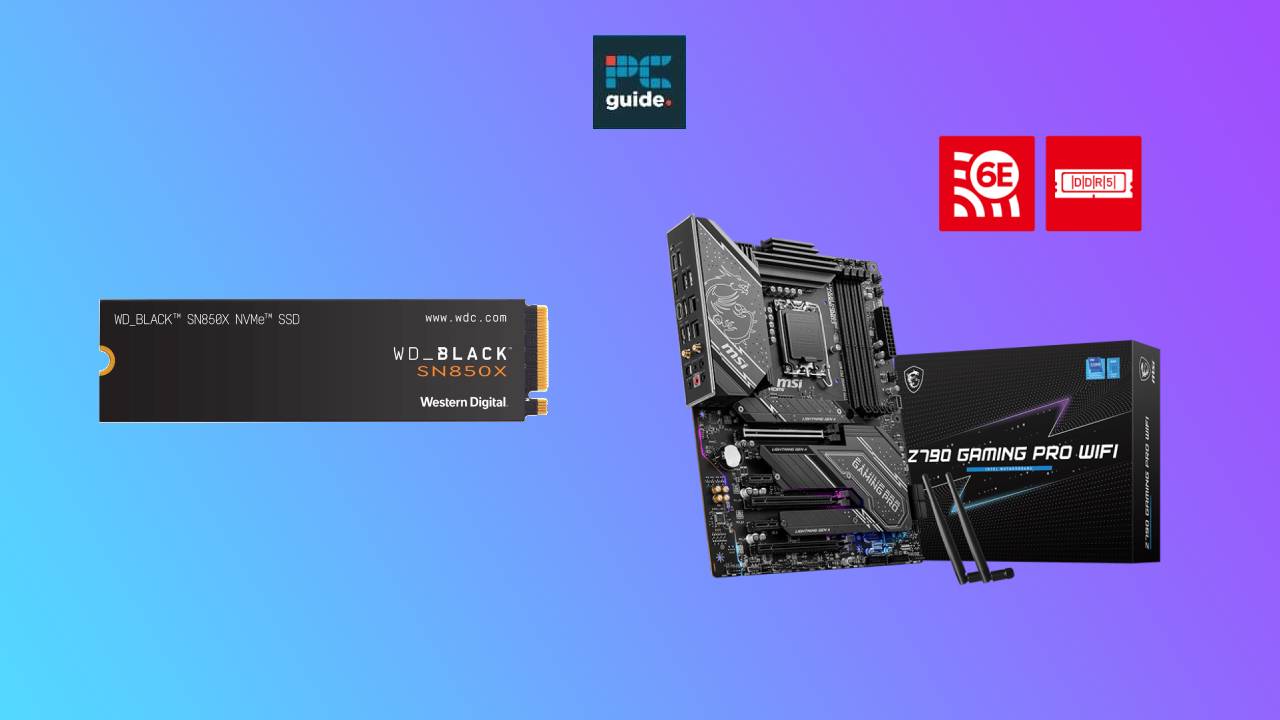 A graphics card, motherboard, and WD_BLACK 1TB SSD combo against a blue background with brand logos and the word "guide.