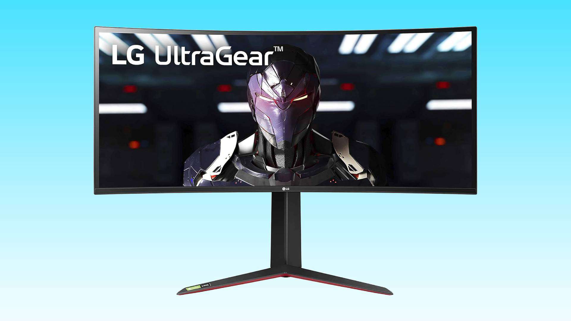 LG curved ultrawide gaming monitor displaying a futuristic armored character.