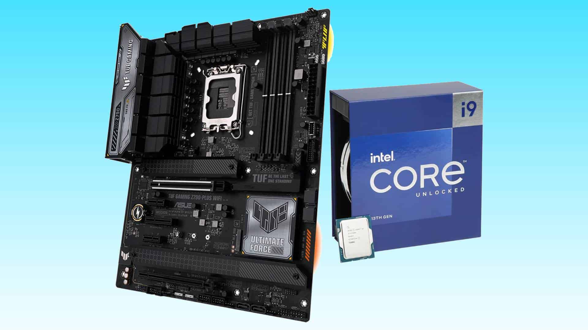 Motherboard and Intel Core i9 processor with packaging on a blue background, featured as part of the best CPU and motherboard bundle deals.