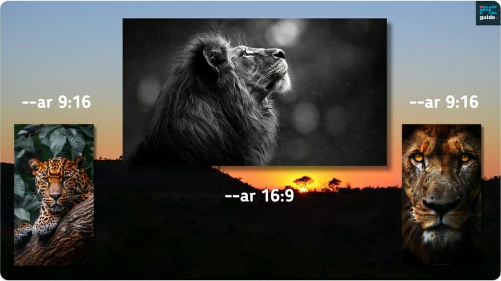 A collage of three images featuring big cats: a leopard, a lion's head in black and white, and a lion's face, with Midjourney watermark overlays.