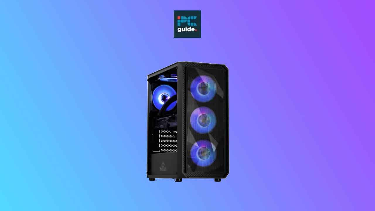 A gaming desktop PC with RGB lighting against a blue and purple gradient background, powered by an RTX 4070.