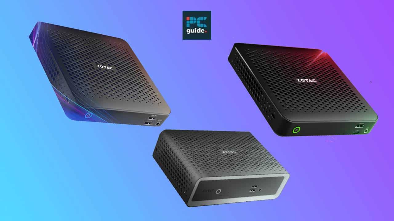 Three different models of ZOTAC mini PC portable external hard drives on a gradient background.