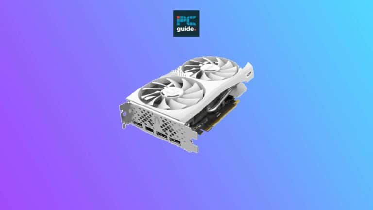 White RTX 4060 dual-fan graphics card floating against a blue and purple gradient background with a "guide" icon in the corner.