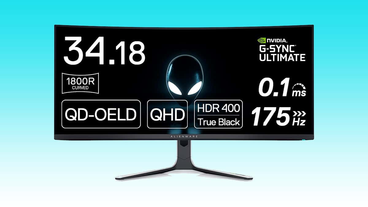 Curved Alienware gaming monitor featuring QD-OLED display, QHD resolution, HDR 400 True Black, 0.1 ms response time, 175 Hz refresh rate, and NVIDIA G
