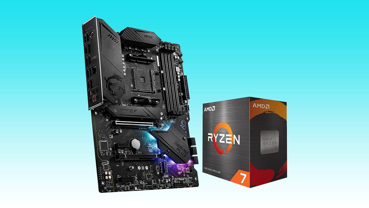 A motherboard next to an amd ryzen 7 processor box against a blue background in an auto draft.