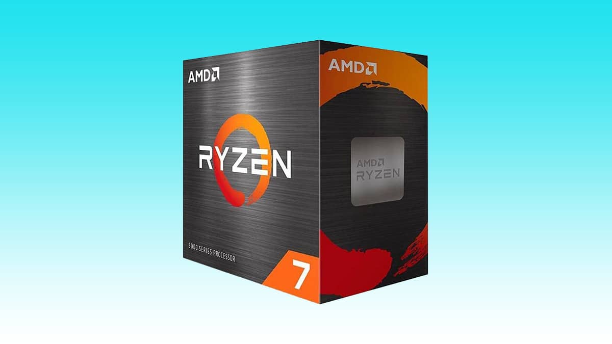 An AMD Ryzen 7 5700G processor box against a blue background, available on Amazon.