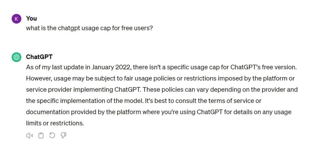Screenshot of a FAQ section addressing the usage cap for ChatGPT free users.
